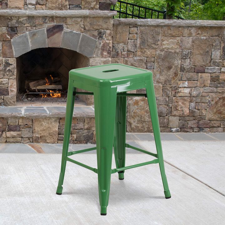 Flash Furniture Kai Commercial Grade 24" High Backless Green Metal Indoor-Outdoor Counter Height Stool with Square Seat