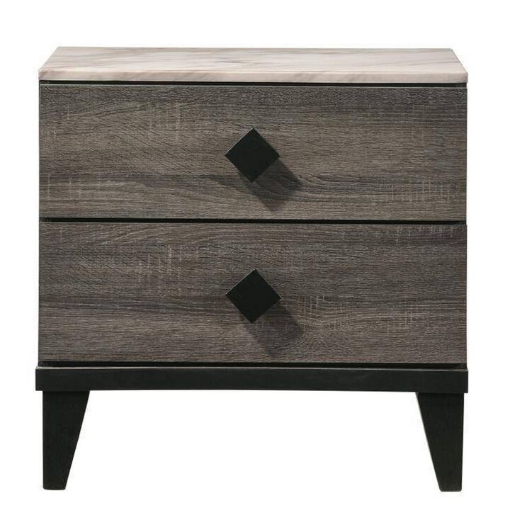 2 Drawer Wooden Nightstand with Grains and Angled Legs, Gray - Benzara
