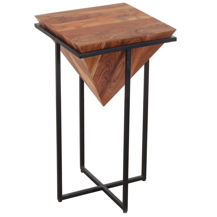 26 Inch Pyramid Shape Wooden Side Table With Cross Metal Base, Brown and Black-Benzara