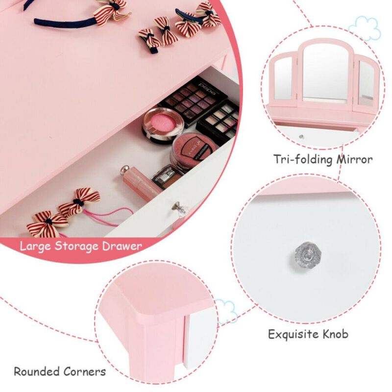 Hivvago Kids Princess Make Up Dressing Table with Tri-folding Mirror and Chair-Pink
