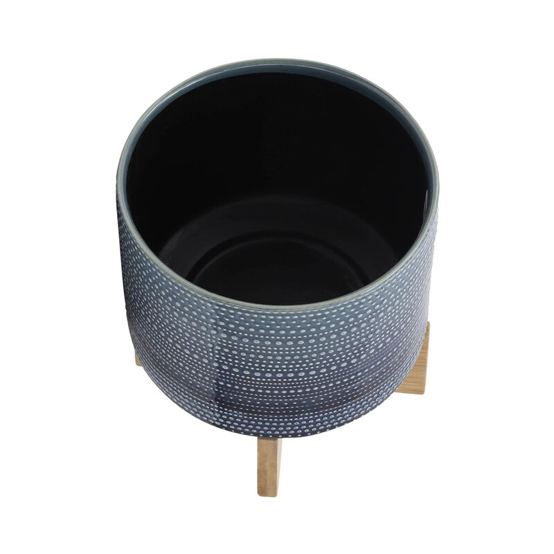 8" Dotted Planter with Wood Stand, Blue