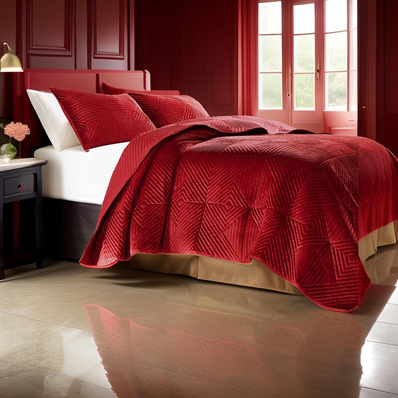 Ahab 2 Piece Twin Quilt Set with 1 Pillow Sham, Dutch Velvet Face, Red - Benzara