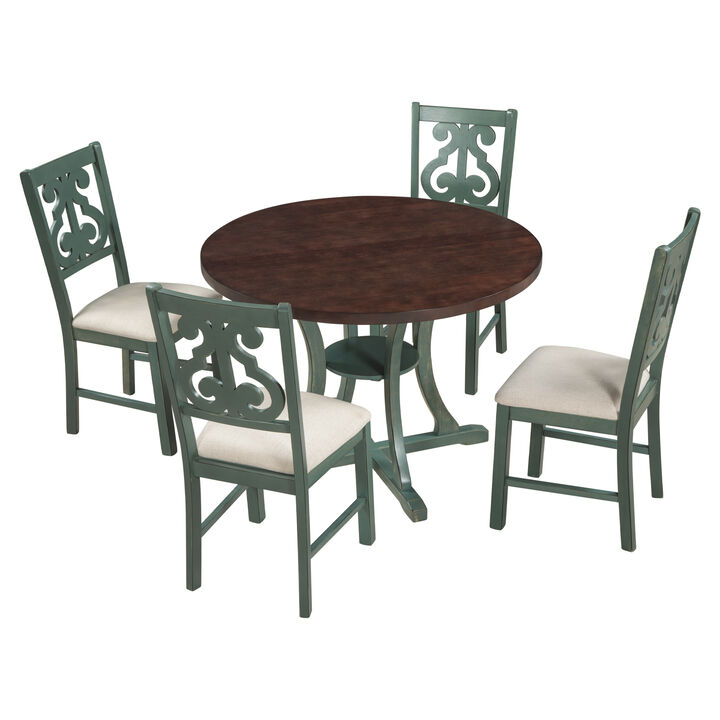 Gewnee 5-Piece Round Dining Table and 4 Fabric Chairs with Special-shaped Table Legs and Storage Shelf (Antique Blue/ Dark Brown)