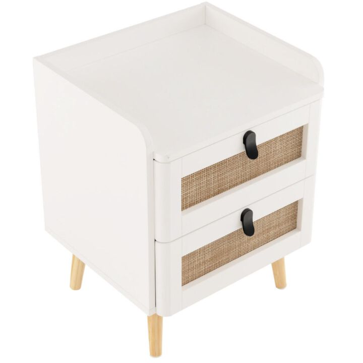 Hivvago Modern End Table Bedside Table with 2 Rattan Decorated Drawers-White