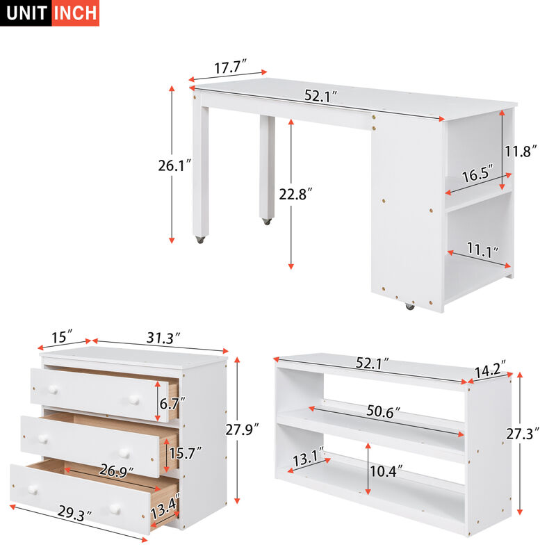 Low Study Full Loft Bed With Cabinet, Shelves And Rolling Portable Desk, Multiple Functions