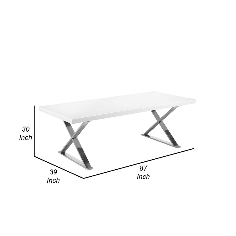 Rix 87 Inch Dining Table, White Wood Top, X Chrome Finished Steel Legs - Benzara