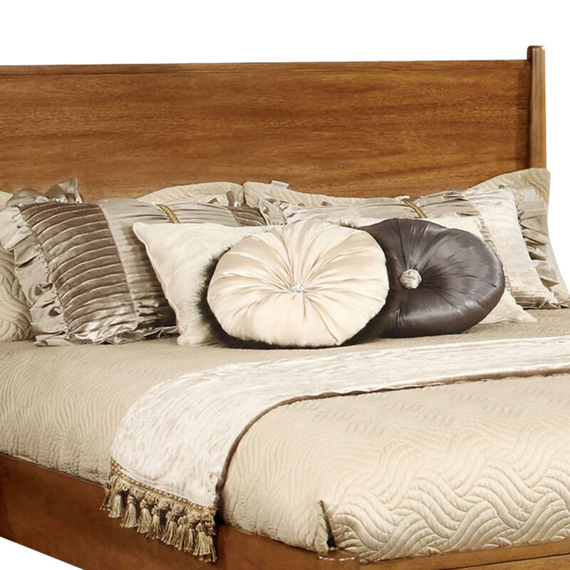 Mid Century Modern Wood Queen Bed, Round Tapered Legs, Oak Brown-Benzara