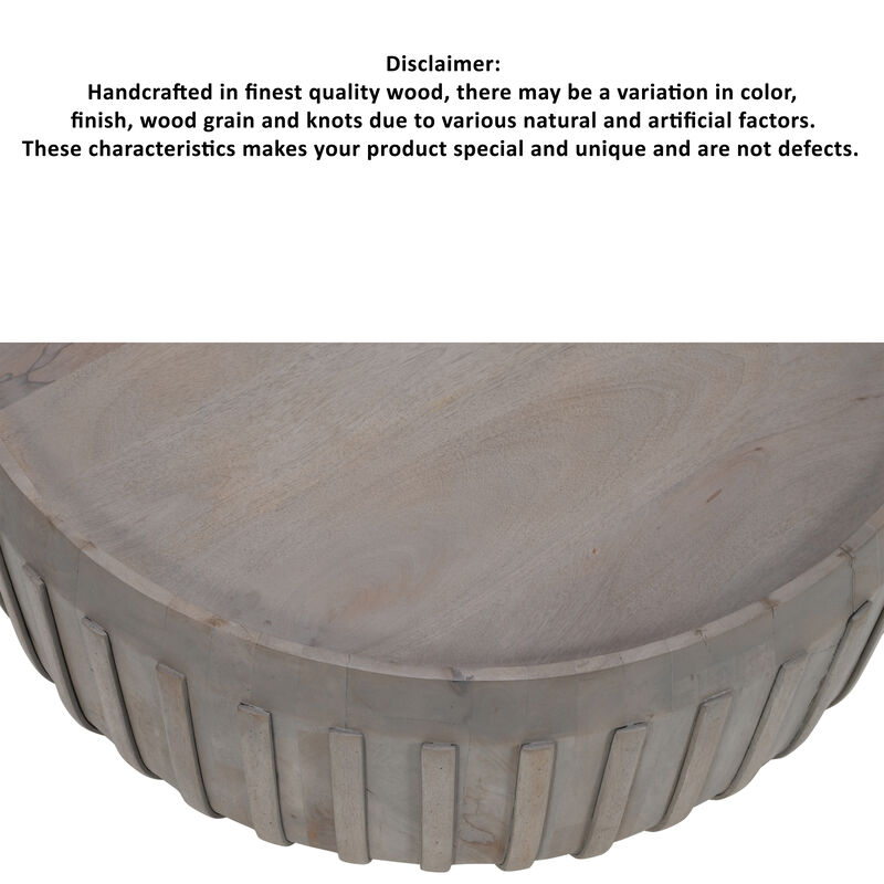 Alisha 36 Inch Coffee Table, Handcrafted Drum Shape with Ribbed Edges, Gray Mango Wood