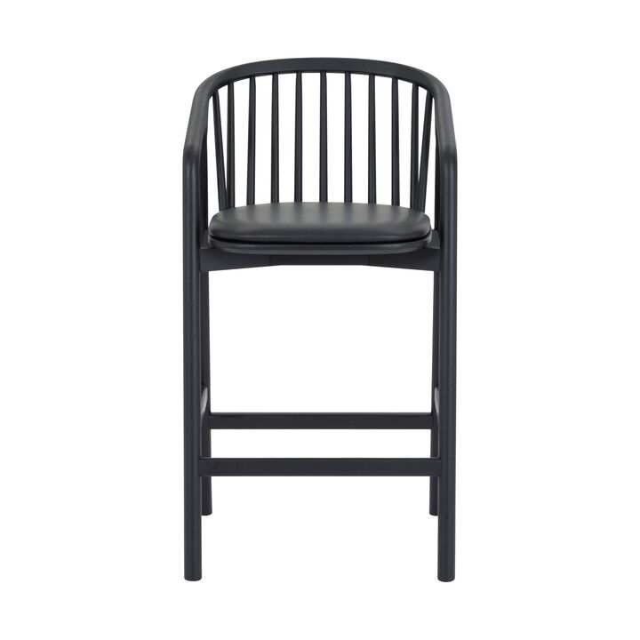 Rchy Counter Stool Chair, Curved Spindle Back, Black Faux Leather, Oak Wood - Benzara
