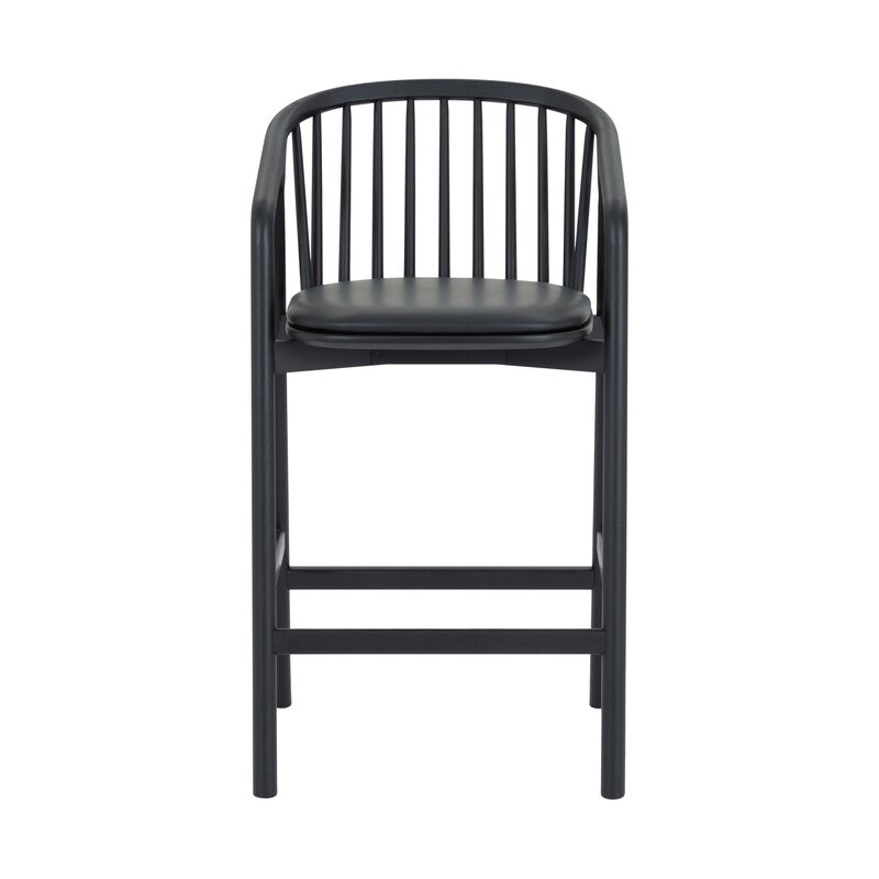Rchy Counter Stool Chair, Curved Spindle Back, Black Faux Leather, Oak Wood - Benzara