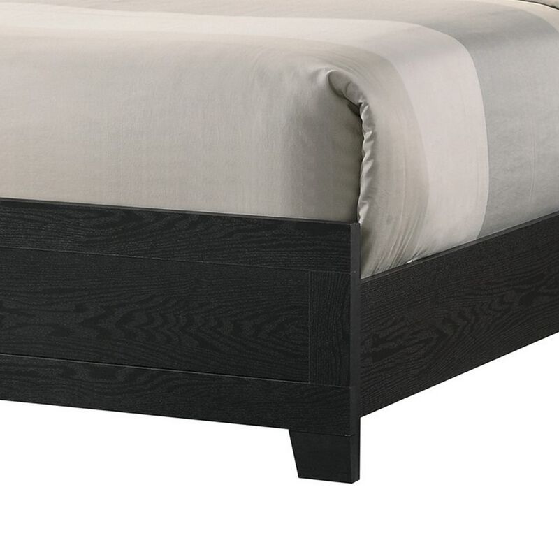 Yoh Queen Size Bed, Wood, Headboard with Lights and Shelves, Black - Benzara