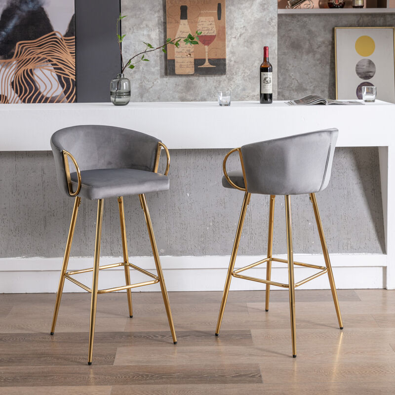 26 Inch Set Of 2 Bar Stools, With Chrome Footrest And Base Velvet + Leg Simple Barstool