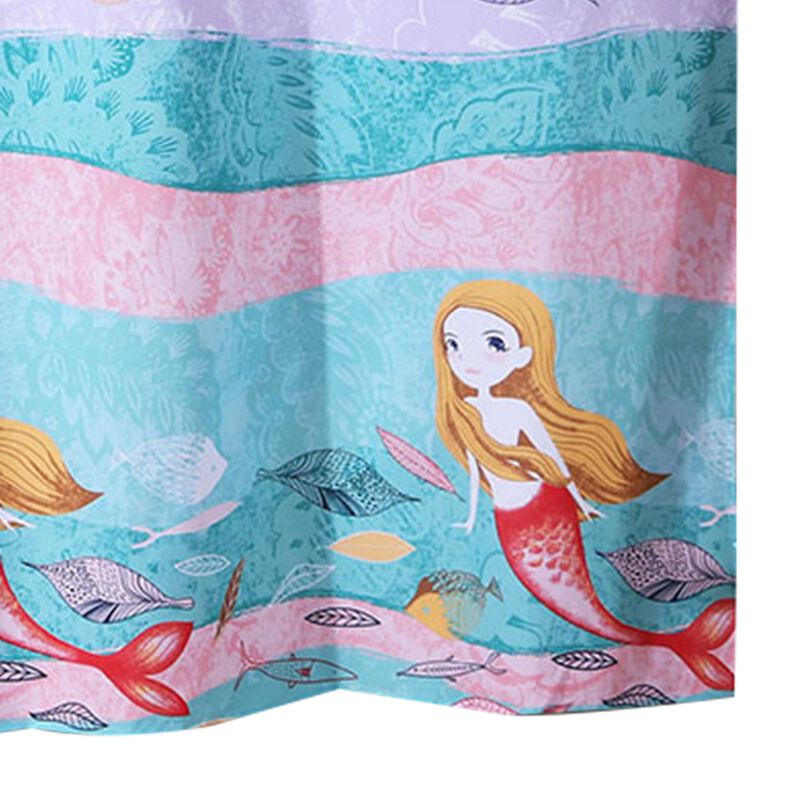 Wini 72 x 72 Inch Shower Curtain, Mermaid Print, Blue, Pink Polyester - Benzara