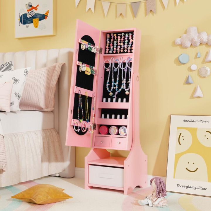 Hivvago Freestanding Kids Jewelry Armoire Cabinet with Storage and 2 Tilt Angles
