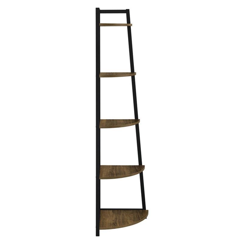 5 Tier Wooden Corner Bookcase with Metal Frame, Brown and Black-Benzara