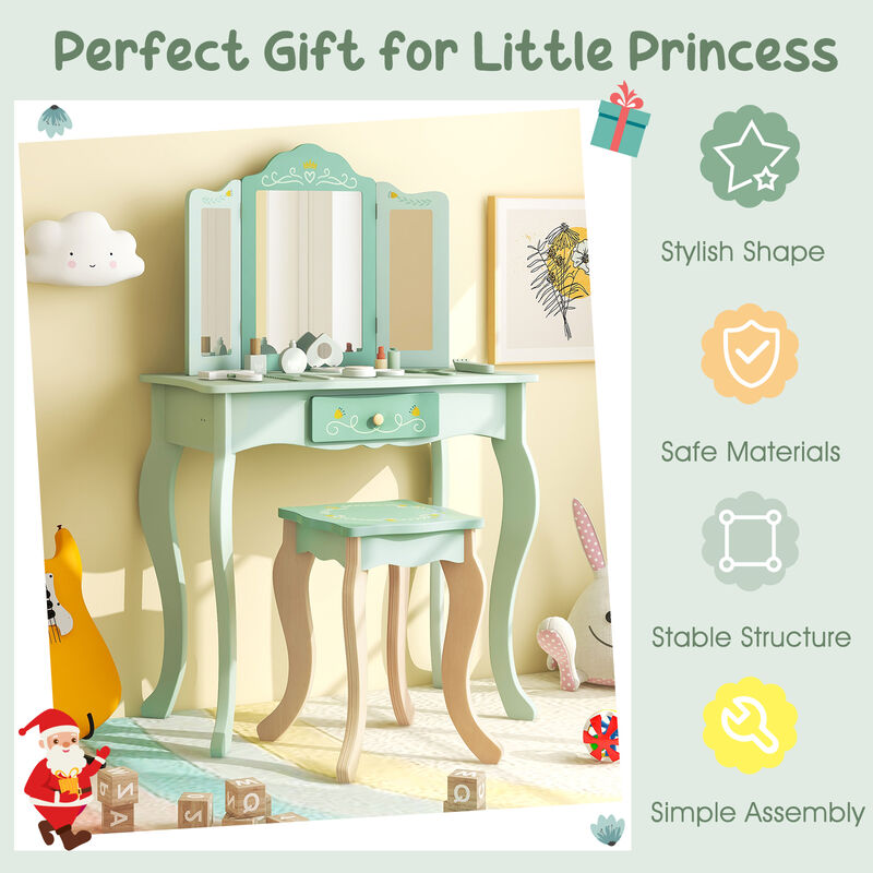 Kids Vanity Set with Tri-Folding Mirror – Girls' Makeup Table with Storage and Chair