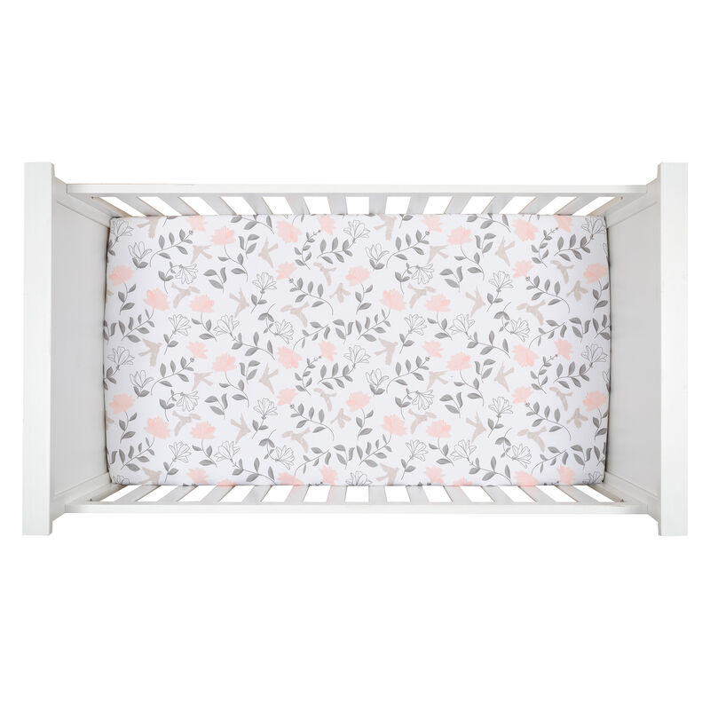 Lambs & Ivy Petals White/Pink/Gray Floral 100% Cotton Fitted Crib/Toddler Sheet