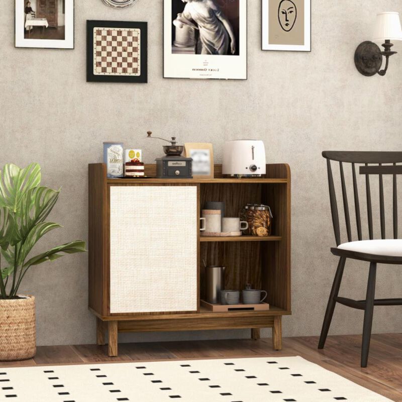 Hivvago Rattan Buffet Sideboard Mid Century Floor Storage Cabinet with Sliding Door and Adjustable Shelves