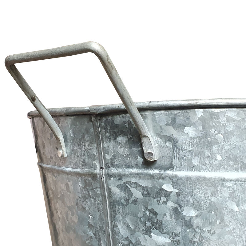 Embossed Design Oval Shape Galvanized Steel Tub with Side Handles, Small, Silver-Benzara