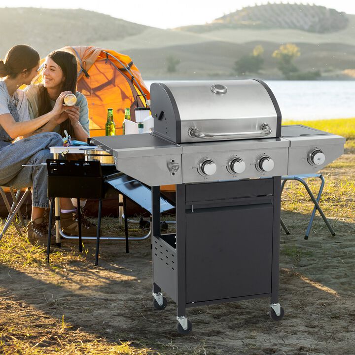 MONDAWE Propane Gas Grill Barbecue Grill with Side Burner and Thermometer for Outdoor BBQ, Camping, Patio, Yard and Garden Grill Cooker (3 Burners)