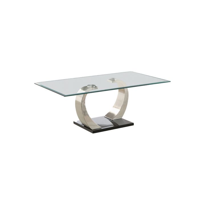 Floating Glass Top Coffee Table with Metal Support, Clear and Silver-Benzara