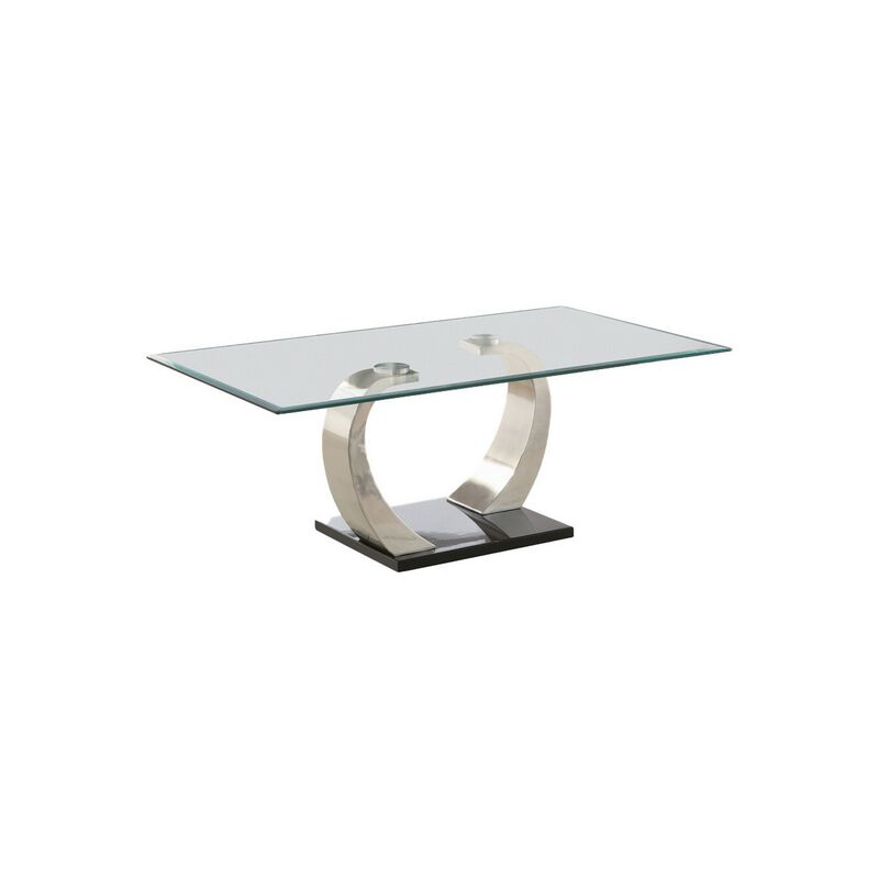 Floating Glass Top Coffee Table with Metal Support, Clear and Silver-Benzara