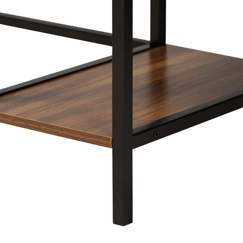 Baxton Studio Lydia Walnut Brown Finished and Black Metal L-Shaped Corner Desk with Shelves