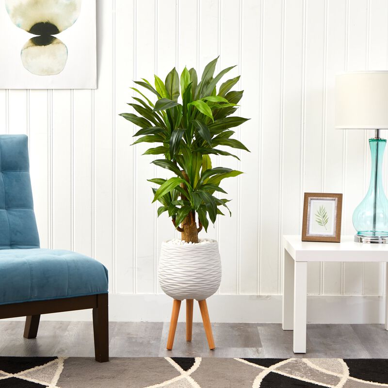 Hivvago 46" Corn Stalk Dracaena Artificial Plant in White Planter with Stand (Real Touch)