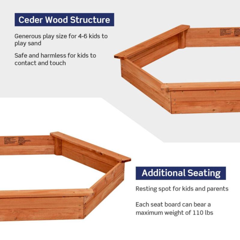 Hivvago Hexagon Wooden Cedar Sand Box with Seat Boards