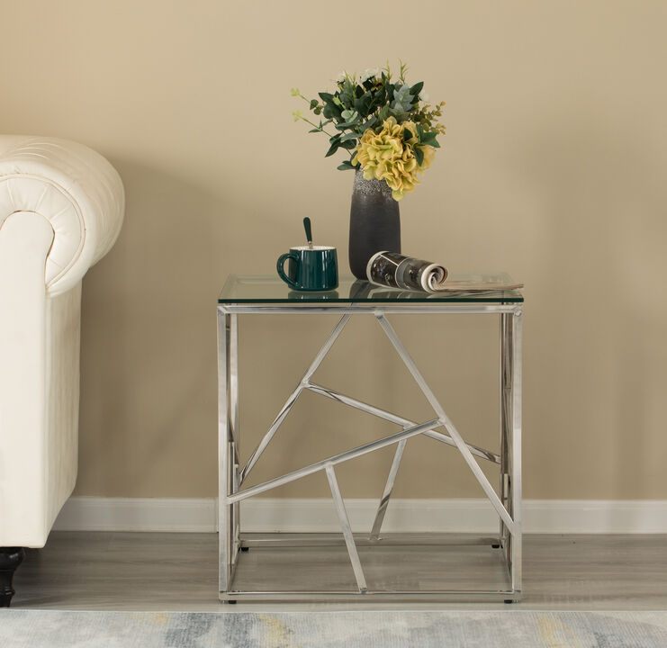 Modern Square End Side Table, Tempered Glass Top Metal Coffee Table, Silver