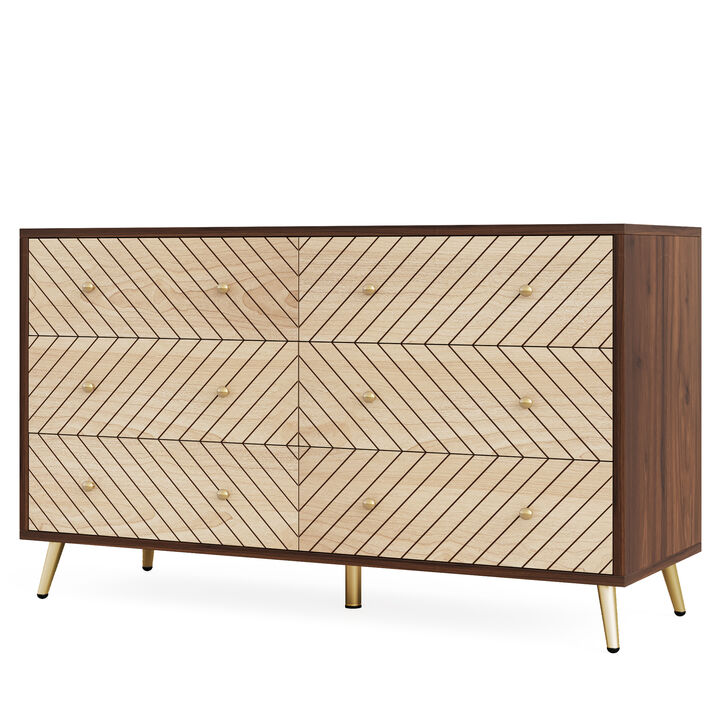 47-Inch Bedroom Dresser with 6 Drawers, Double Wide Chest of Drawers with Gold Legs, Wood and Metal Storage Dresser, 6-Drawer Dresser Cabinet (Dark Brown + Natural)