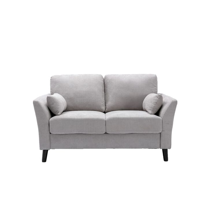 Otto 57 Inch Loveseat, Throw Pillows, Padded Cushions, Gray Velvet Fabric-Benzara