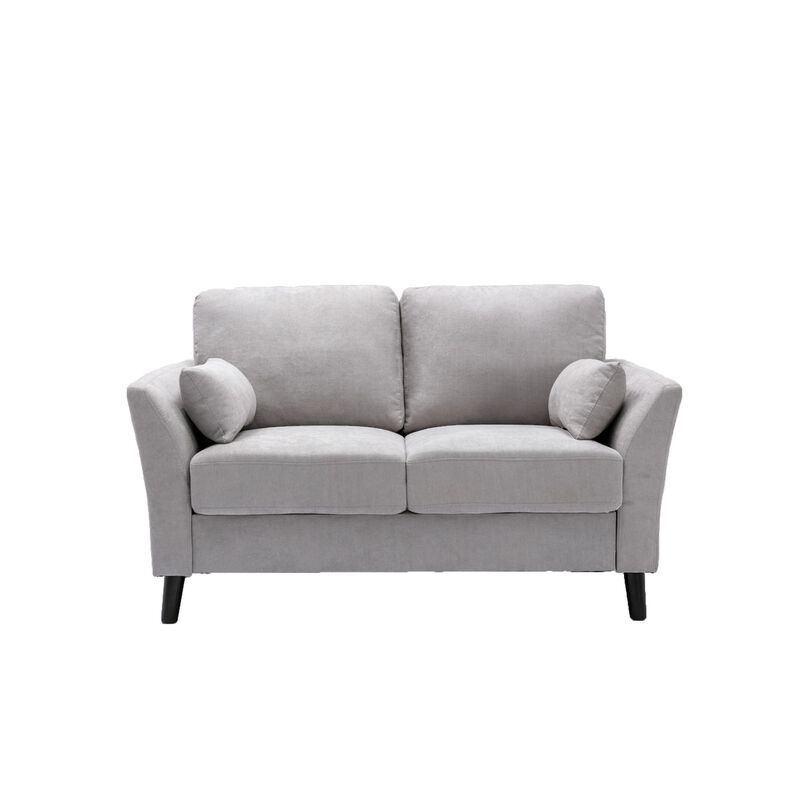 Otto 57 Inch Loveseat, Throw Pillows, Padded Cushions, Gray Velvet Fabric-Benzara