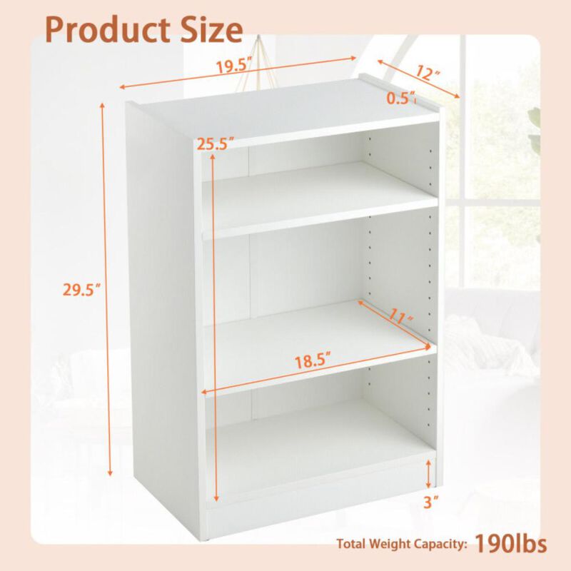 Hivvago 3-Tier Bookcase Open Display Rack Cabinet with Adjustable Shelves-White