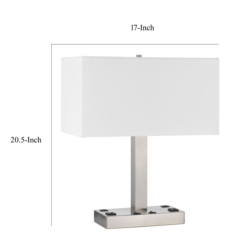 Colm Table Lamp, 2 Ports and 2 Power Outlets, Brushed Steel 21 Inch - Benzara
