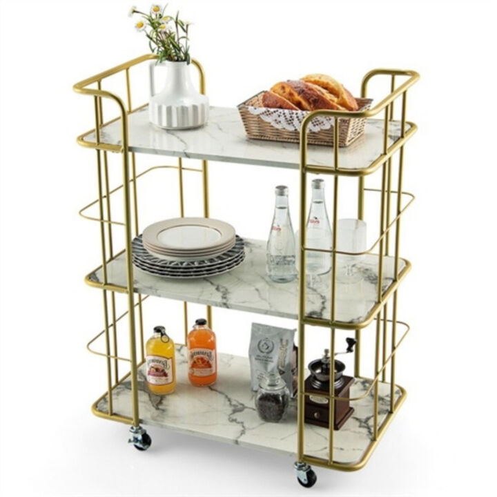 3-Tier Gold Bar Cart with Faux Marble Shelves and Rolling Wheels