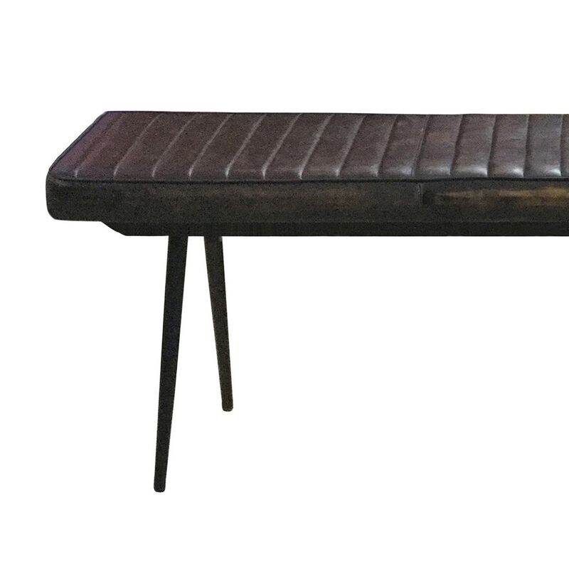 Mia 54 Inch Bench, Hand Dyed Espresso Brown Leather, Vertical Tufting -Benzara
