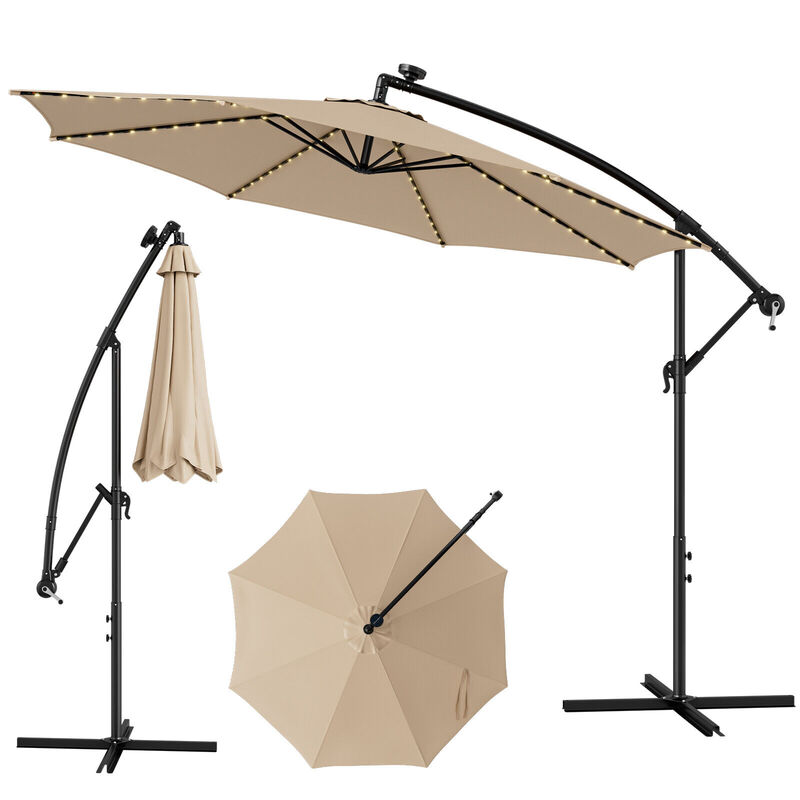 10-Foot Patio Offset Umbrella with 112 Solar-Powered LED Lights for Outdoor Shade and Illumination
