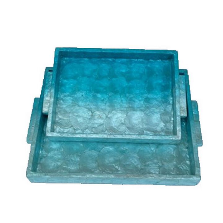 Decorative Tray Set of 2, 18 Inch Rectangular Ombre Blue Capiz Details - Benzara