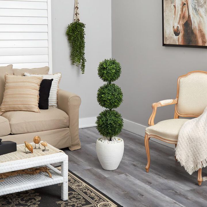Hivvago 3.5 Feet Boxwood Triple Ball Topiary Artificial Tree in White Planter (Indoor/Outdoor)