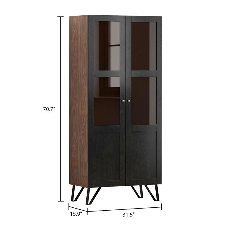 70.7 in. H Brown Wood 2 Glass Door Accent Cabinet W/3-Tier Shelves and Metal Legs Storage Cabinet Bookshelf Cupboard