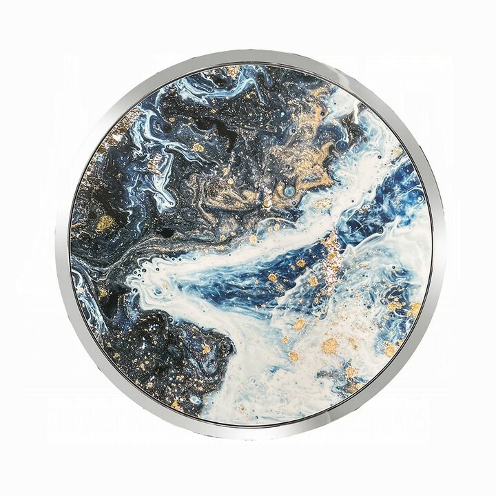 Shira Round Side End Table, 22 Inch, Open Chrome Base Blue Faux Marble - Benzara