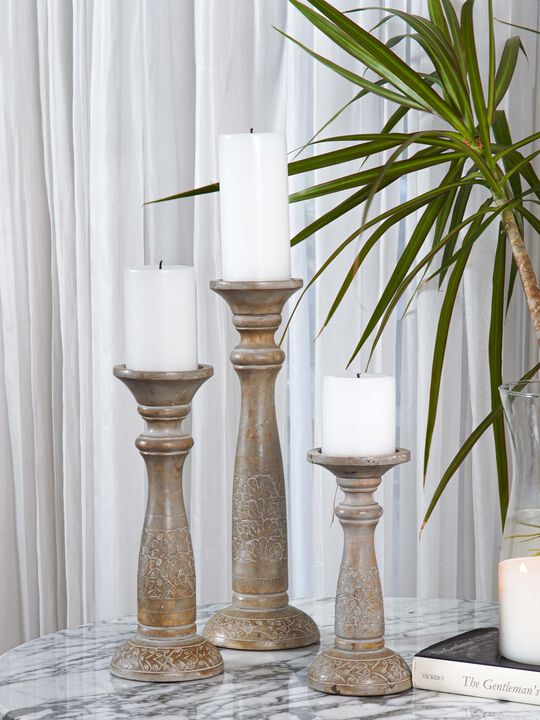 Traditional Gray Wash Eco-friendly Handmade Mango Wood Set Of Three 6",9" & 12" Pillar Candle Holder BBH Homes