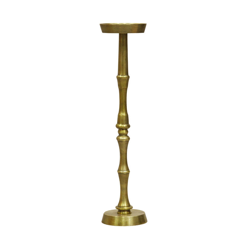 6 Inch Drink Side Table, Turned Pedestal Metal Base, Round Top, Oxidized Brass