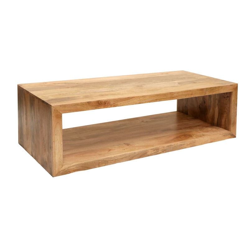 Keli 58 Inch Mango Wood Coffee Table, Open Cube, 1 Shelf, Natural Brown-Benzara