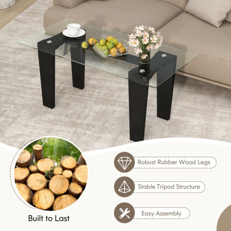 Hivvago 39.5 Inch Glass Coffee Table Modern Rectangular Center Table with Solid Rubber Wood Legs