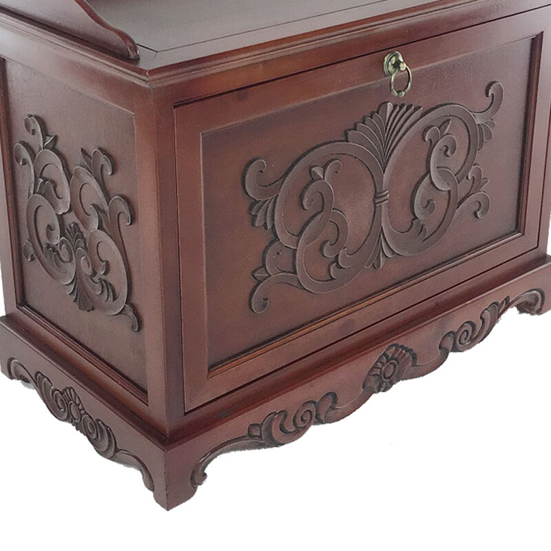 Engraved Wooden Shoe Cabinet with Drop Down Opening and Metal Hinges, Brown-Benzara