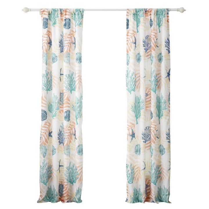 Geo 84 Inch Window Curtains, White Blue Polyester, Seashells Ferns Print - Benzara