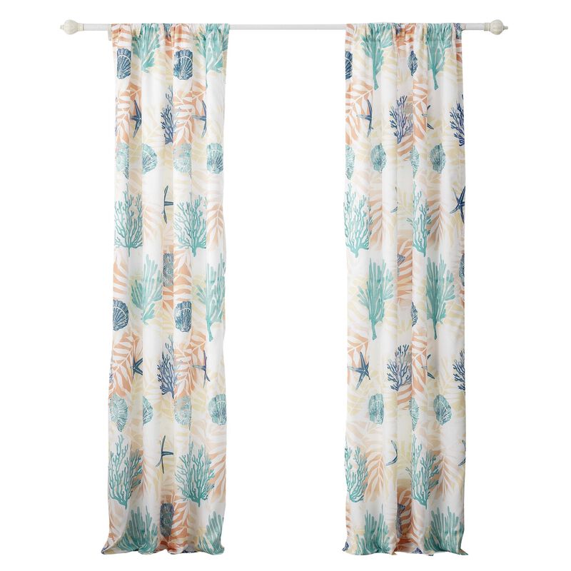Geo 84 Inch Window Curtains, White Blue Polyester, Seashells Ferns Print - Benzara