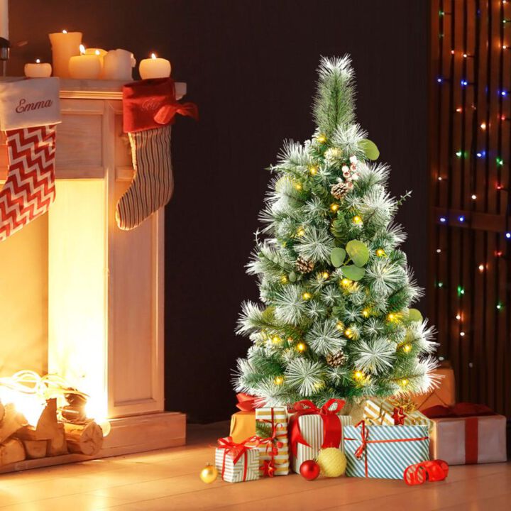 Hivvago 3 FT Pre-Lit Artificial Mini Christmas Tree with 98 Flocked PVC and Pine Needles